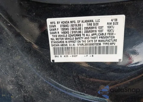 2008 Honda Odyssey Exl z USA, uszkodzony, nr VIN 5FNRL38658B072236